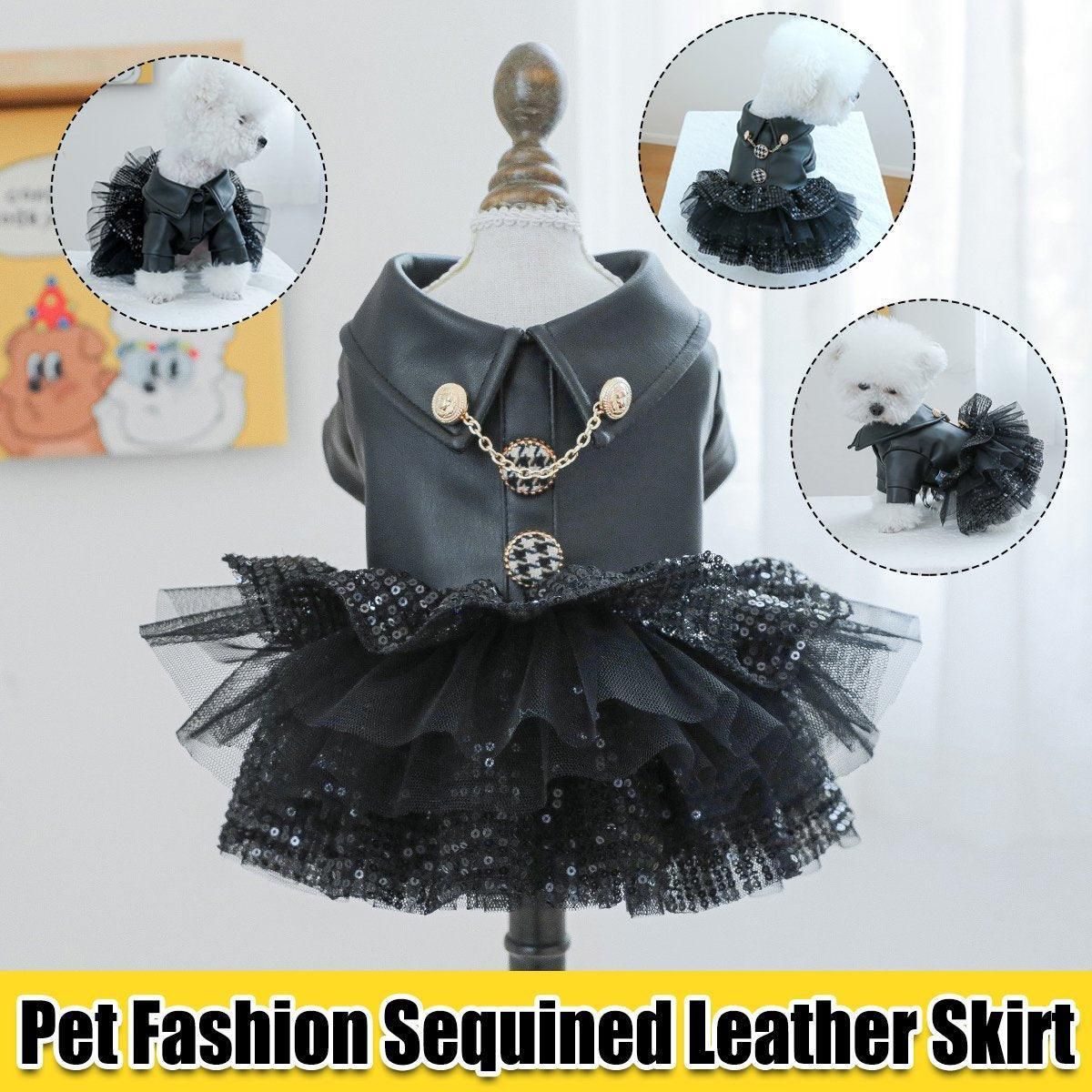 Autumn Winter Pet Dog Cat Dress Faux Leather Sequin Skirt Outfit for Small Dogs - S