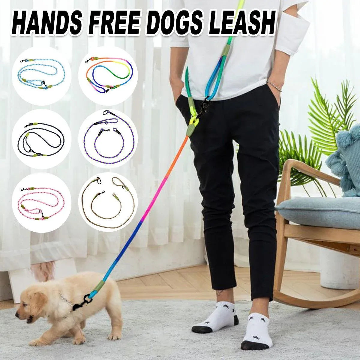 Adjustable Diagonal Dog Walking Leash Hands Free Crossbody Pet Lead Dogs - Colourful