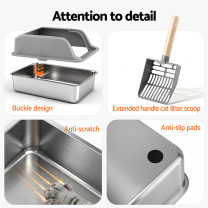 i.Pet Cat Litter Box Stainless Steel Large Semi-Enclosed Pet Kitty Toilet Grey