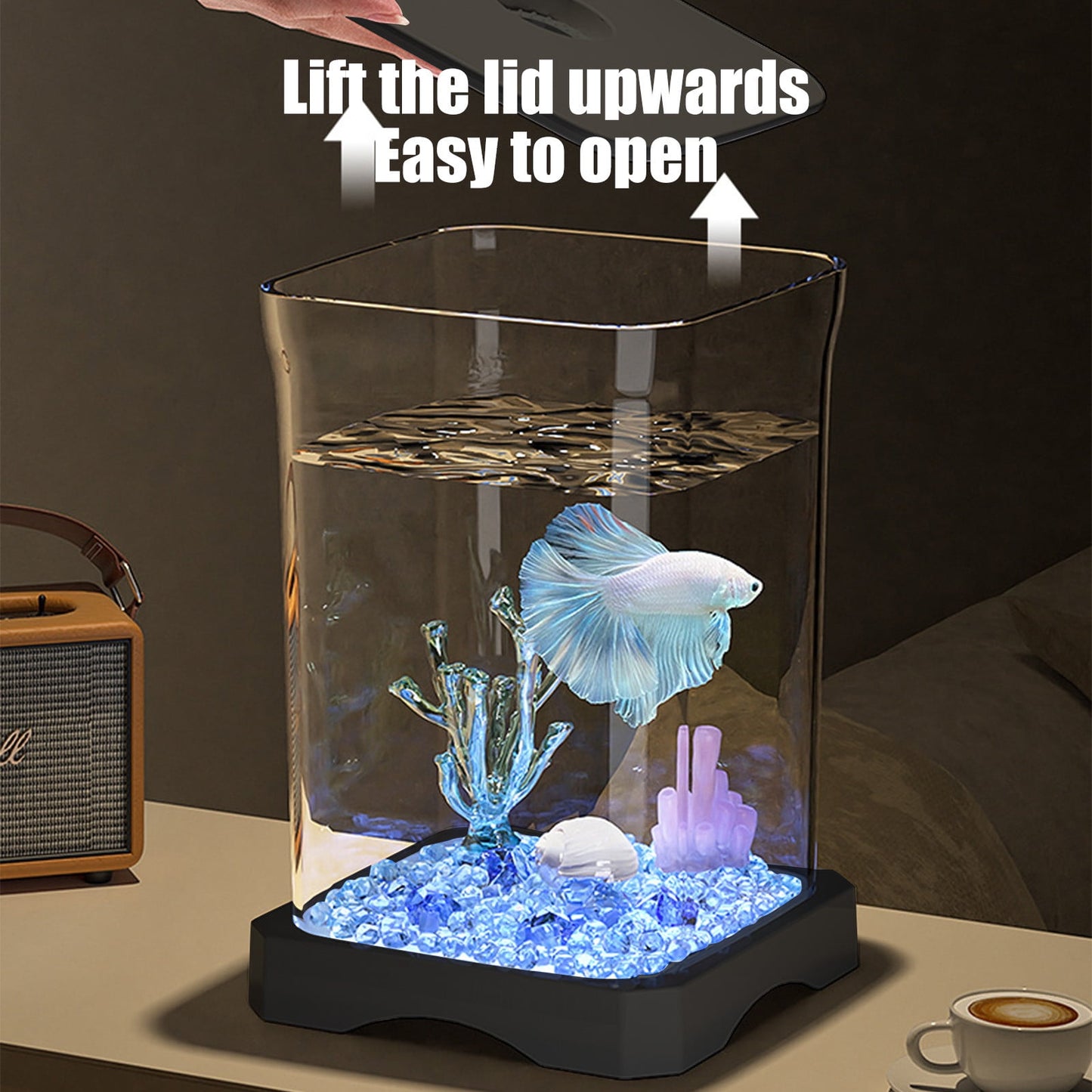 Darzheoy Small Fish Tank Kit, Desktop Fish Tank, Mini Aquarium with Led Light Decoration, Small Aquarium Starter Kits Desktop Room Decor, for Home, Office, Decorative Desktop Black