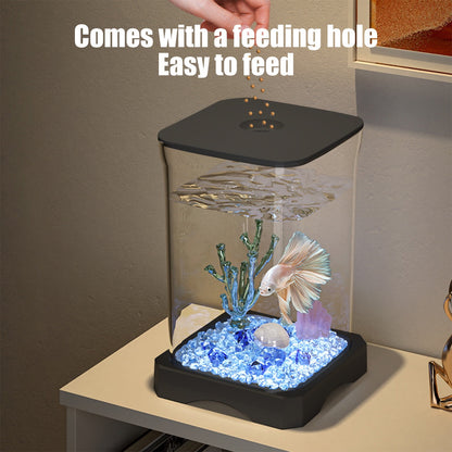 Darzheoy Small Fish Tank Kit, Desktop Fish Tank, Mini Aquarium with Led Light Decoration, Small Aquarium Starter Kits Desktop Room Decor, for Home, Office, Decorative Desktop Black