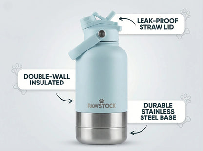 Pawstock 3-in-1 Insulated Dog Water Bottle with Dual Bowls – 1L Stainless Steel Travel Bottle-Aqua
