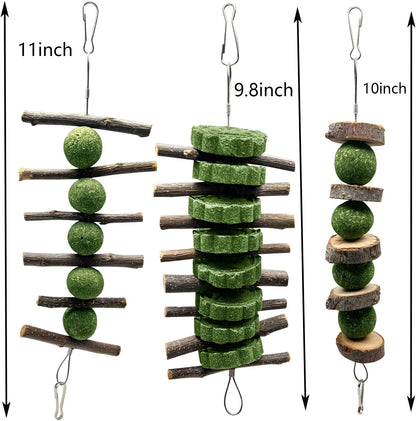 BallHull 3 Pcs Bunny Teeth Grinding Chew Toys, Apple Branch Chewing Sticks with Grass Ball and Grass Cake for Rabbits Bunnies Hamsters Guinea Pigs