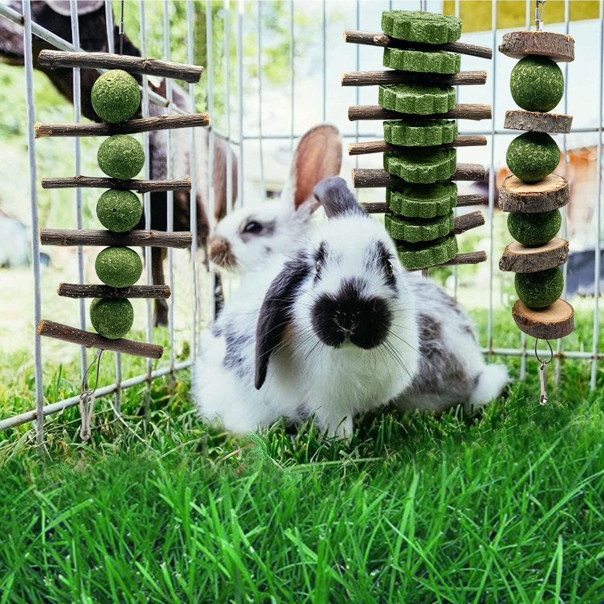 BallHull 3 Pcs Bunny Teeth Grinding Chew Toys, Apple Branch Chewing Sticks with Grass Ball and Grass Cake for Rabbits Bunnies Hamsters Guinea Pigs