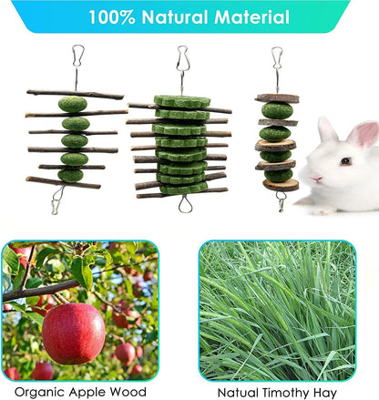 BallHull 3 Pcs Bunny Teeth Grinding Chew Toys, Apple Branch Chewing Sticks with Grass Ball and Grass Cake for Rabbits Bunnies Hamsters Guinea Pigs
