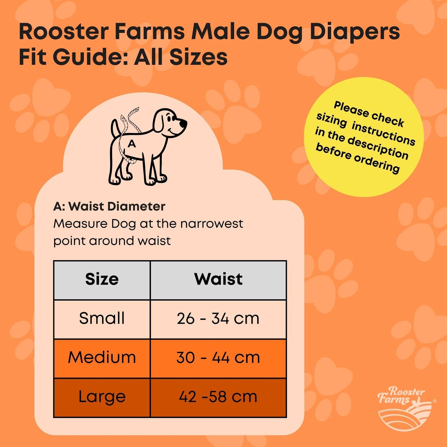 Rooster Farms Male Dog Diapers Large 3Pk - Washable Reusable Nappies Hook/Loop