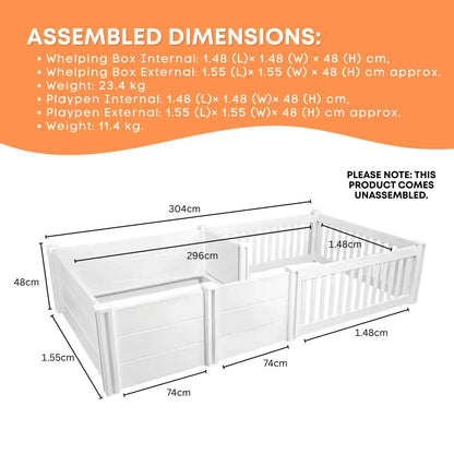 Rooster Farms 2.96m x 1.48m PVC Dog Whelping Box + Playpen Kit - Anti-Crush Rail