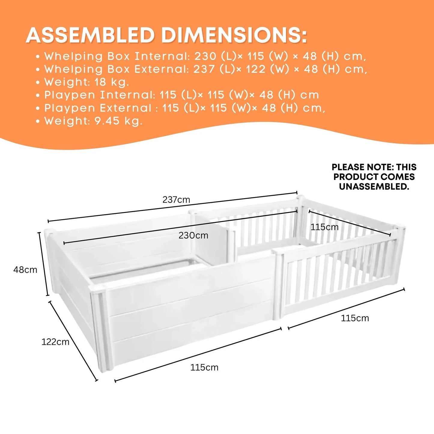 Rooster Farms 2.3m x 1.15m PVC Dog Whelping Box + Playpen Kit - Anti-Crush Rail