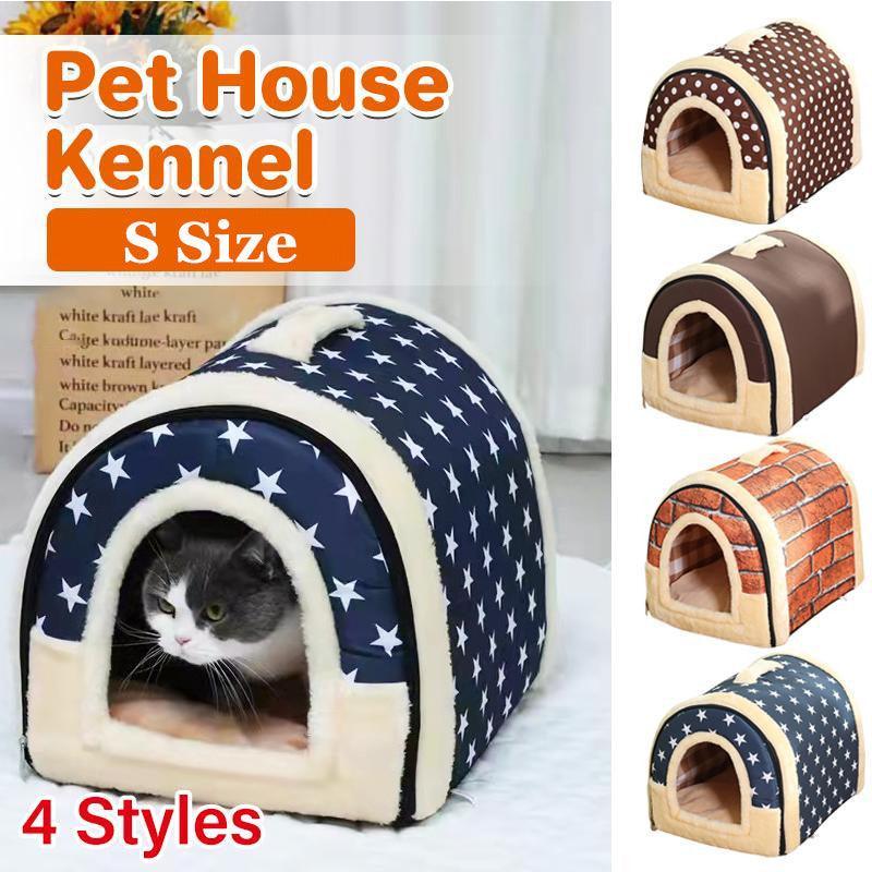 S Size Pet House Kennel Soft Igloo Beds Cave Cat Puppy Bed Warm Cushion Fold - Brick