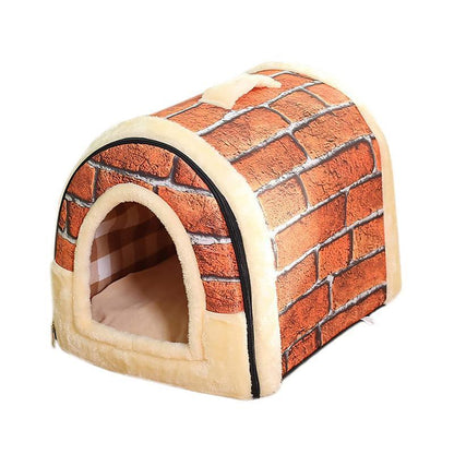S Size Pet House Kennel Soft Igloo Beds Cave Cat Puppy Bed Warm Cushion Fold - Brick