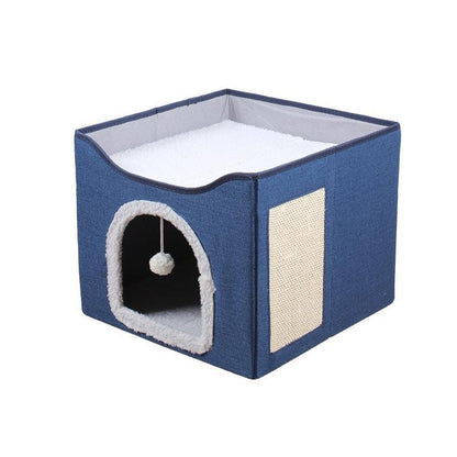 Foldable Pet Cat Calming Bed Hideaway Interactive House Nest Scratching Board - Navy