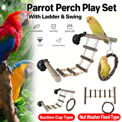 Wooden Parrot Stand Climbing Ladder Swing Toy for Birds Cage Play Accessories - Nut Washer Fixed Type