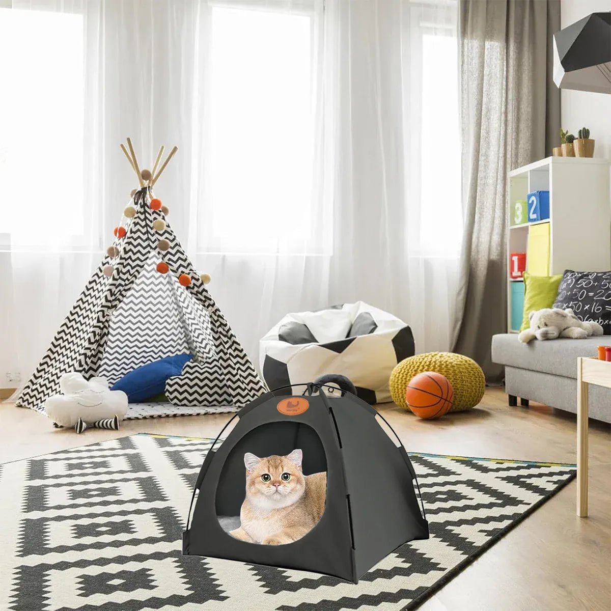 Folding Camping Pet Tent for Cats Puppy Bed Indoor Cat Nest Dog Cave Style House - Grey
