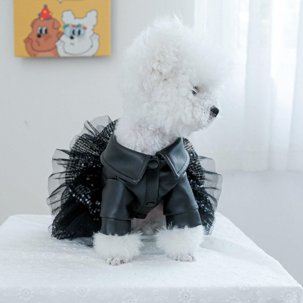 Autumn Winter Pet Dog Cat Dress Faux Leather Sequin Skirt Outfit for Small Dogs - M