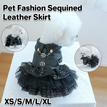 Autumn Winter Pet Dog Cat Dress Faux Leather Sequin Skirt Outfit for Small Dogs - S
