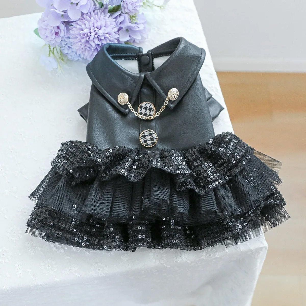 Autumn Winter Pet Dog Cat Dress Faux Leather Sequin Skirt Outfit for Small Dogs - S