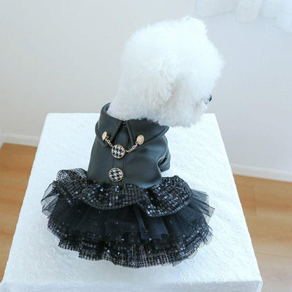 Autumn Winter Pet Dog Cat Dress Faux Leather Sequin Skirt Outfit for Small Dogs - XS