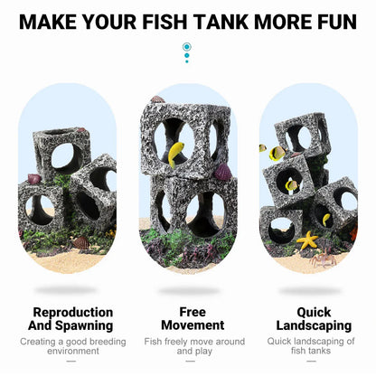Fish Tank Shrimp Shelter House Square Stone Cave Aquarium Breeding Hiding Decor - 3 Squares