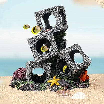 Fish Tank Shrimp Shelter House Square Stone Cave Aquarium Breeding Hiding Decor - 3 Squares