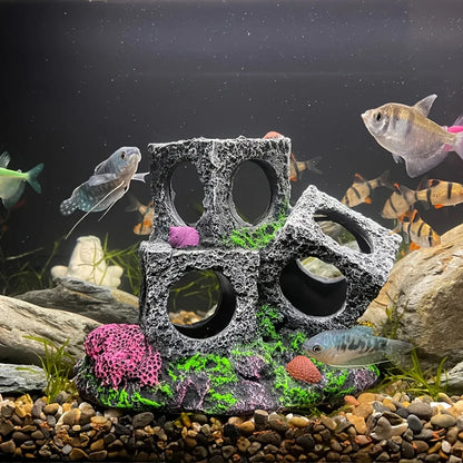 Fish Tank Shrimp Shelter House Square Stone Cave Aquarium Breeding Hiding Decor - 3 Squares