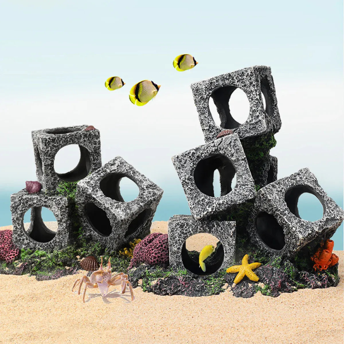 Fish Tank Shrimp Shelter House Square Stone Cave Aquarium Breeding Hiding Decor - 3 Squares