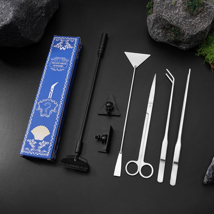 Silver Stainless Steel Aquarium Cleaning Tool Kit - 5 Piece Fish Tank Maintenance Set with Tweezers Scissors Algae Scraper Spatula
