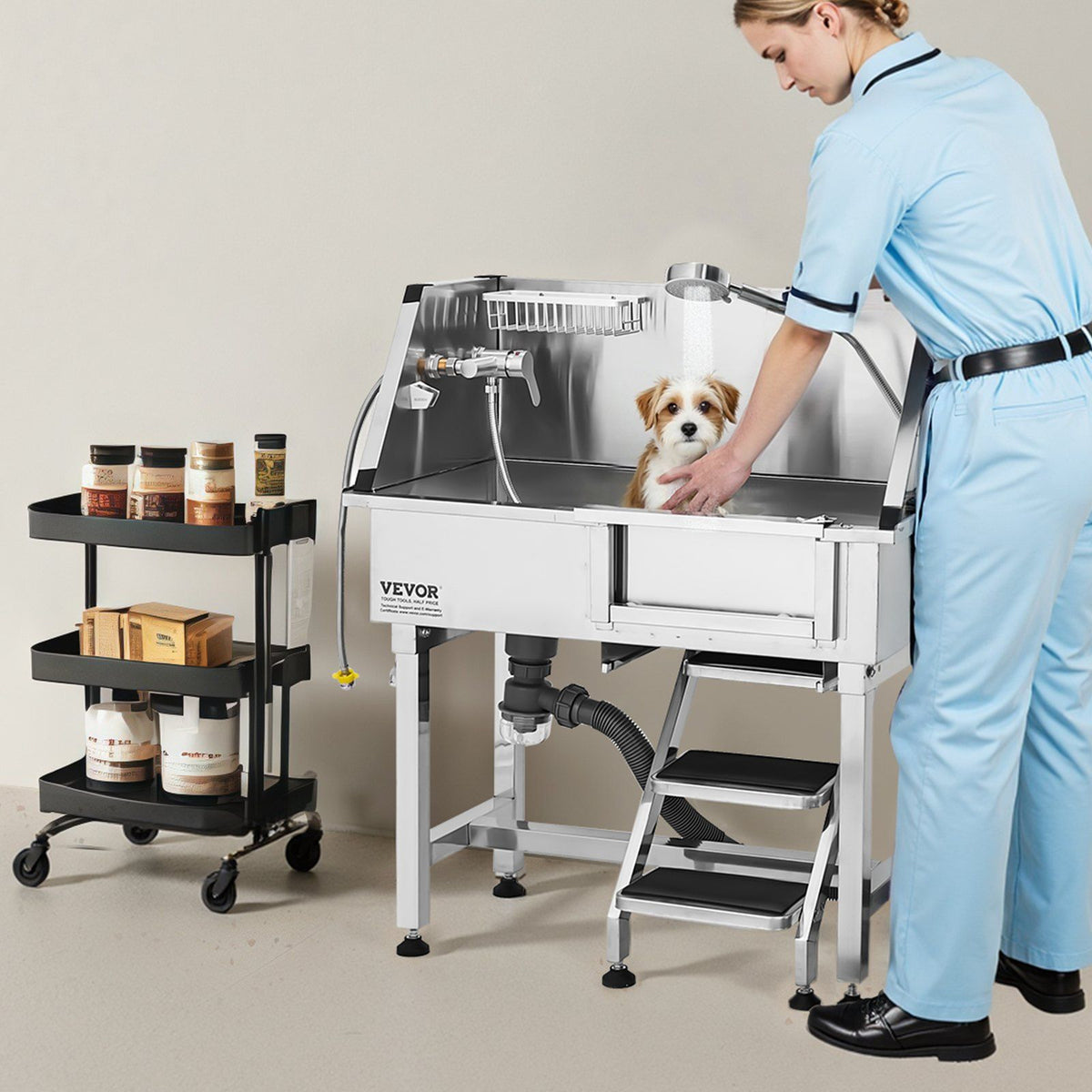 86.4 cm Dog Washing Station, Stainless Steel Pet Grooming Tub Bathtub, Professional Dog Wash Sink with Shower, Faucet, Soap Holder, Non-Slip Stairs Easy-Clean for Small Pets Cats (Right Door)
