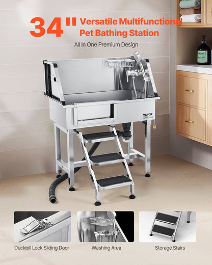 86.4 cm Dog Washing Station, Stainless Steel Pet Grooming Tub Bathtub, Professional Dog Wash Sink with Shower, Faucet, Soap Holder, Non-Slip Stairs Easy-Clean for Small Pets Cats (Left Door)