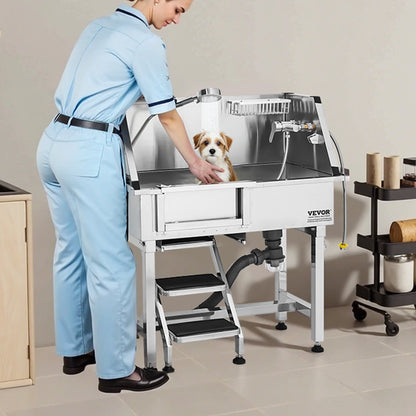 86.4 cm Dog Washing Station, Stainless Steel Pet Grooming Tub Bathtub, Professional Dog Wash Sink with Shower, Faucet, Soap Holder, Non-Slip Stairs Easy-Clean for Small Pets Cats (Left Door)