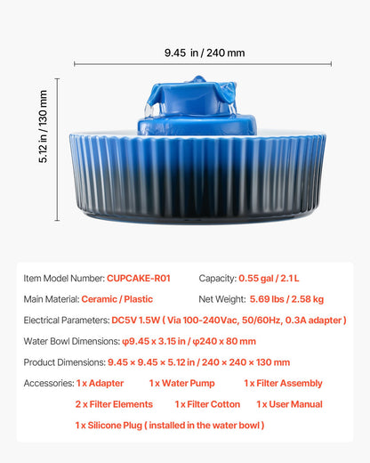 Ceramic Cat Water Fountain, 2.1 L Cupcake Pet Fountain, Porcelain Cat Water Dispenser with Ultra-Quiet Pump, 360° Drinking Area and Multi-Layer Filtration System, for Cats & Dogs Drinking(Blue)