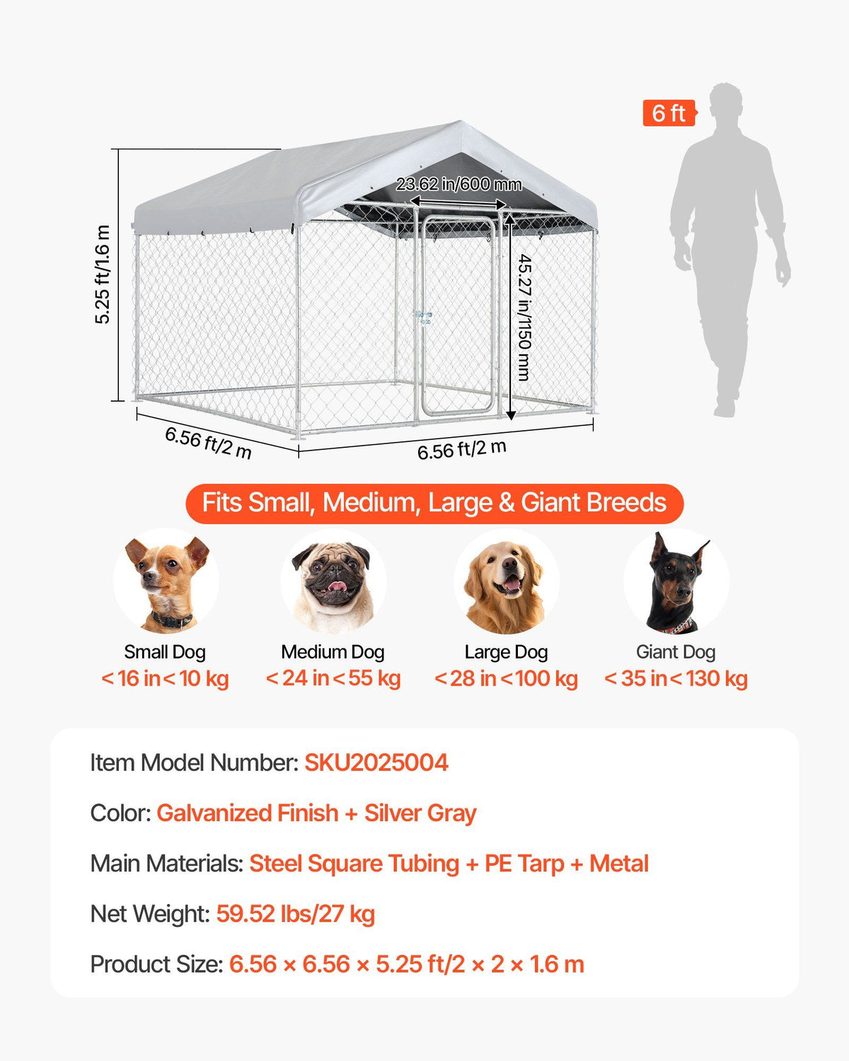 Outdoor Dog Kennel, 2 x 2 x 1.6 m Large Dog Kennel with Secure Lock, Outside Dogs Enclosures with UV-Resistant & Waterproof Roof Cover, Heavy Duty Pet Crate Cage Run for Large Dogs