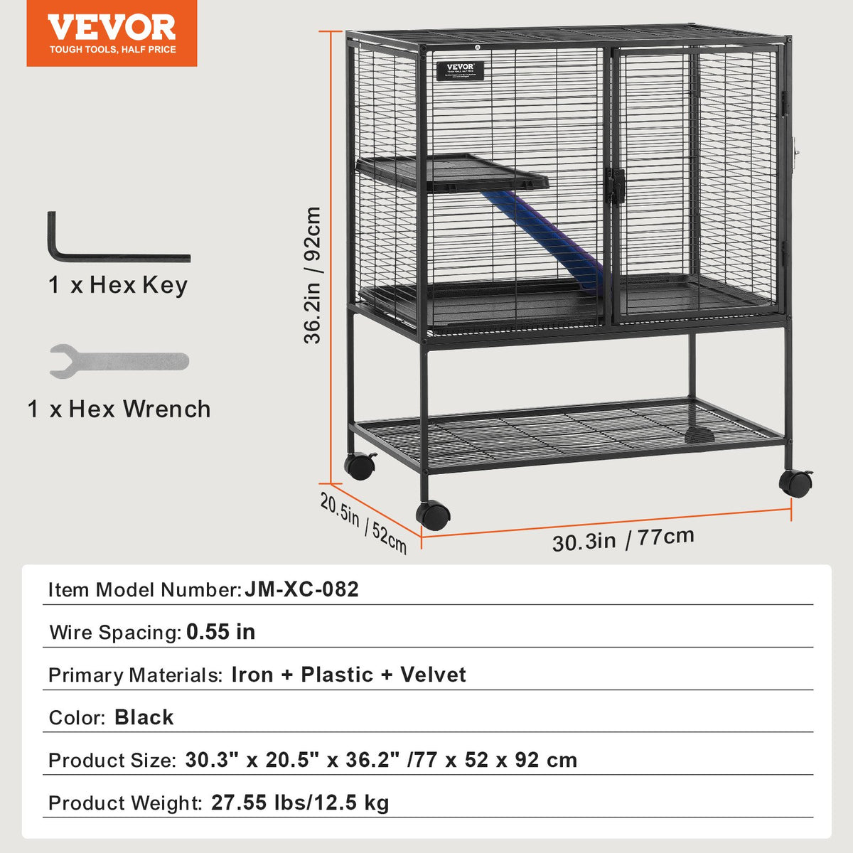 36" Metal Small Animal Cage 2-Tier Rolling Ferret Cage with Tray A Ramp