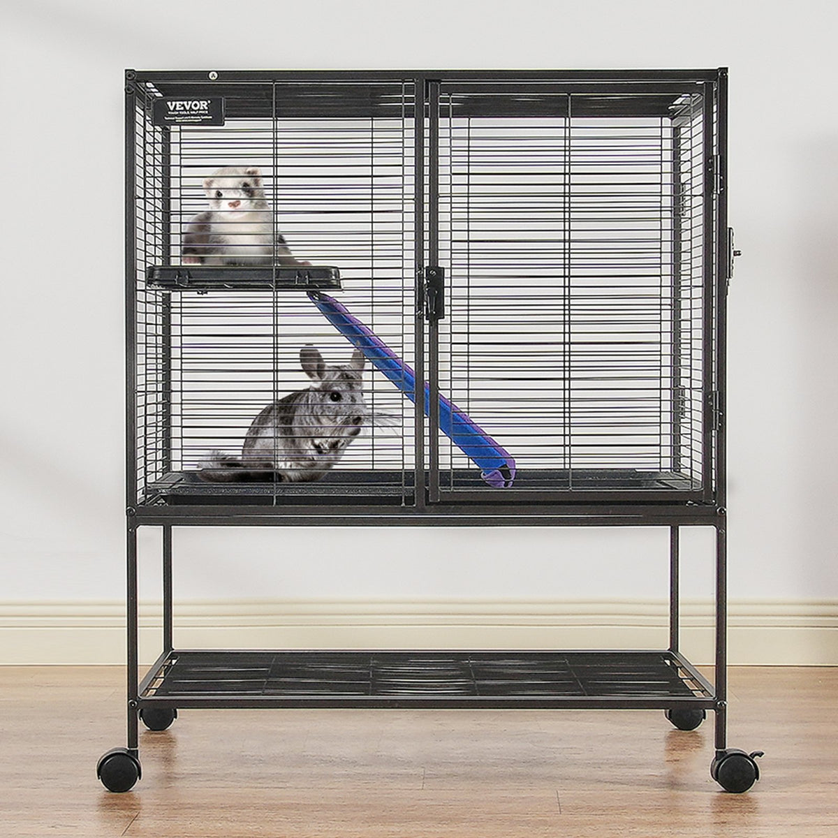 36" Metal Small Animal Cage 2-Tier Rolling Ferret Cage with Tray A Ramp