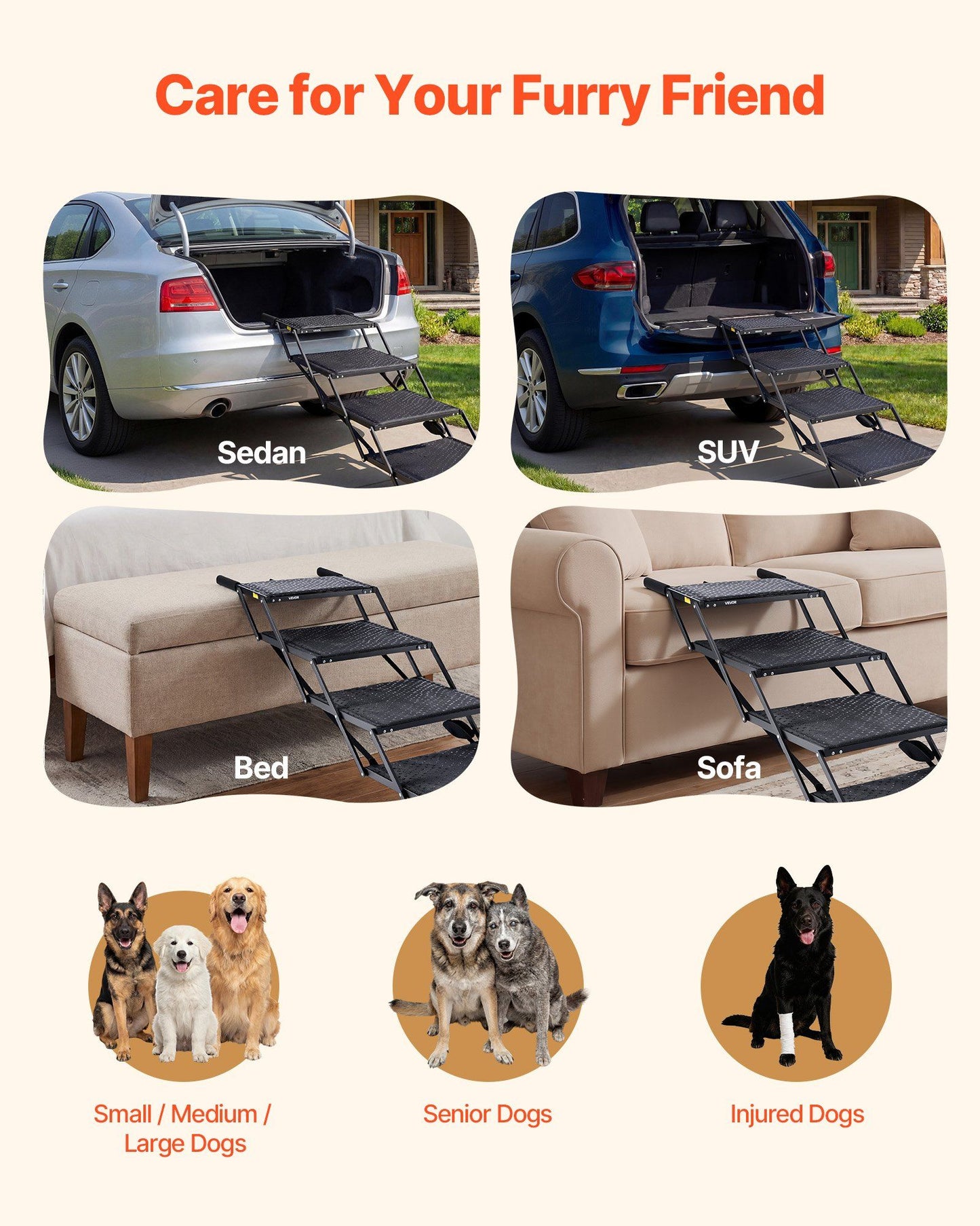 Dog Stairs for Car, 4 Steps Extra Wide Foldable Dog Ramp for Large Dogs with Non-Slip Surface, Portable Lightweight Pet Stairs Ladder for Car, SUV, Truck, High Bed, Sofa, Support up to 113 kg