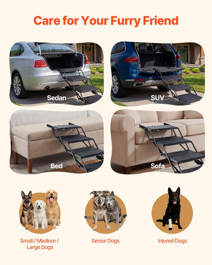 Dog Stairs for Car, 4 Steps Extra Wide Foldable Dog Ramp for Large Dogs with Non-Slip Surface, Portable Lightweight Pet Stairs Ladder for Car, SUV, Truck, High Bed, Sofa, Support up to 113 kg