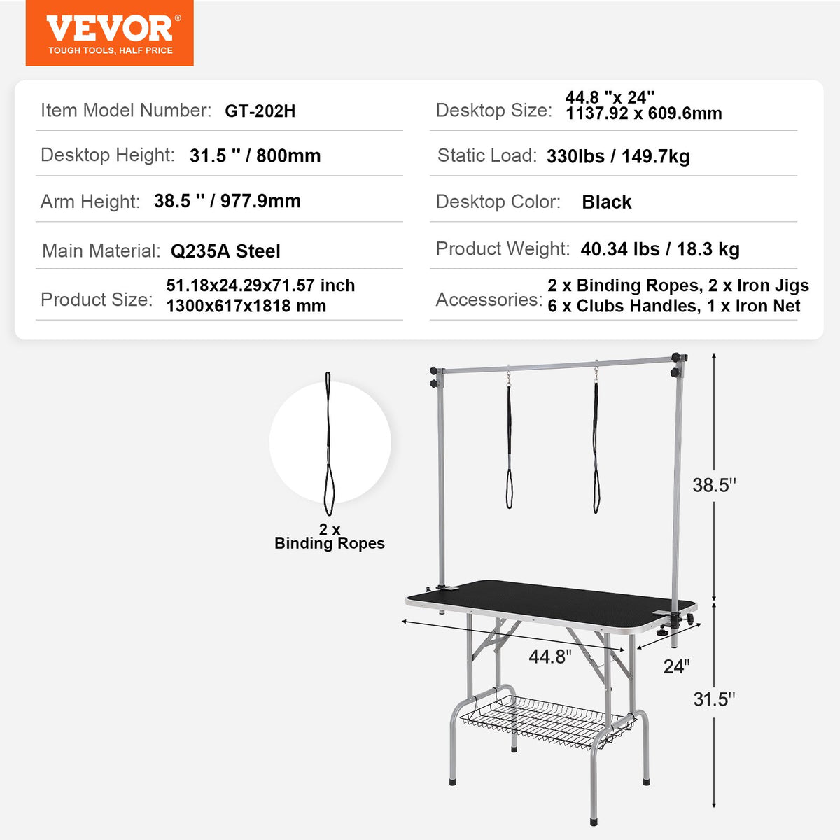 Pet Grooming Table Two Arms with Clamp, 117cm Dog Grooming Station, Foldable Pets Grooming Stand for Medium and Small Dogs, Free Two No Sit Haunch Holder with Grooming Loop, Bearing 149.7kg