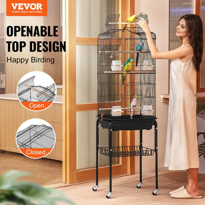 Large Bird Cage, 62 in, Open Top Parakeet Cage with Rolling Stand,  Steel Bird Flight Cage with Removable Tray, Budgie Birdcage with 4 Perches, Parrot Cage for Lovebirds Cockatiels Pet Toy
