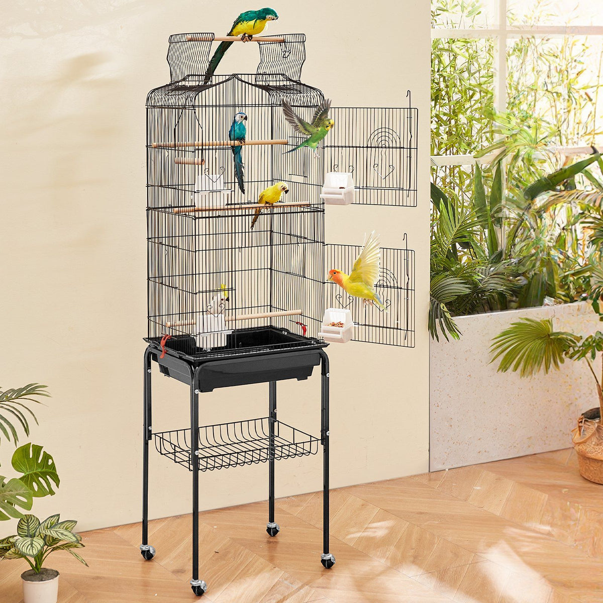 Large Bird Cage, 62 in, Open Top Parakeet Cage with Rolling Stand,  Steel Bird Flight Cage with Removable Tray, Budgie Birdcage with 4 Perches, Parrot Cage for Lovebirds Cockatiels Pet Toy