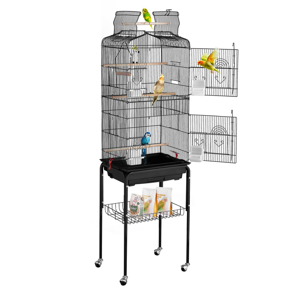 Large Bird Cage, 62 in, Open Top Parakeet Cage with Rolling Stand,  Steel Bird Flight Cage with Removable Tray, Budgie Birdcage with 4 Perches, Parrot Cage for Lovebirds Cockatiels Pet Toy