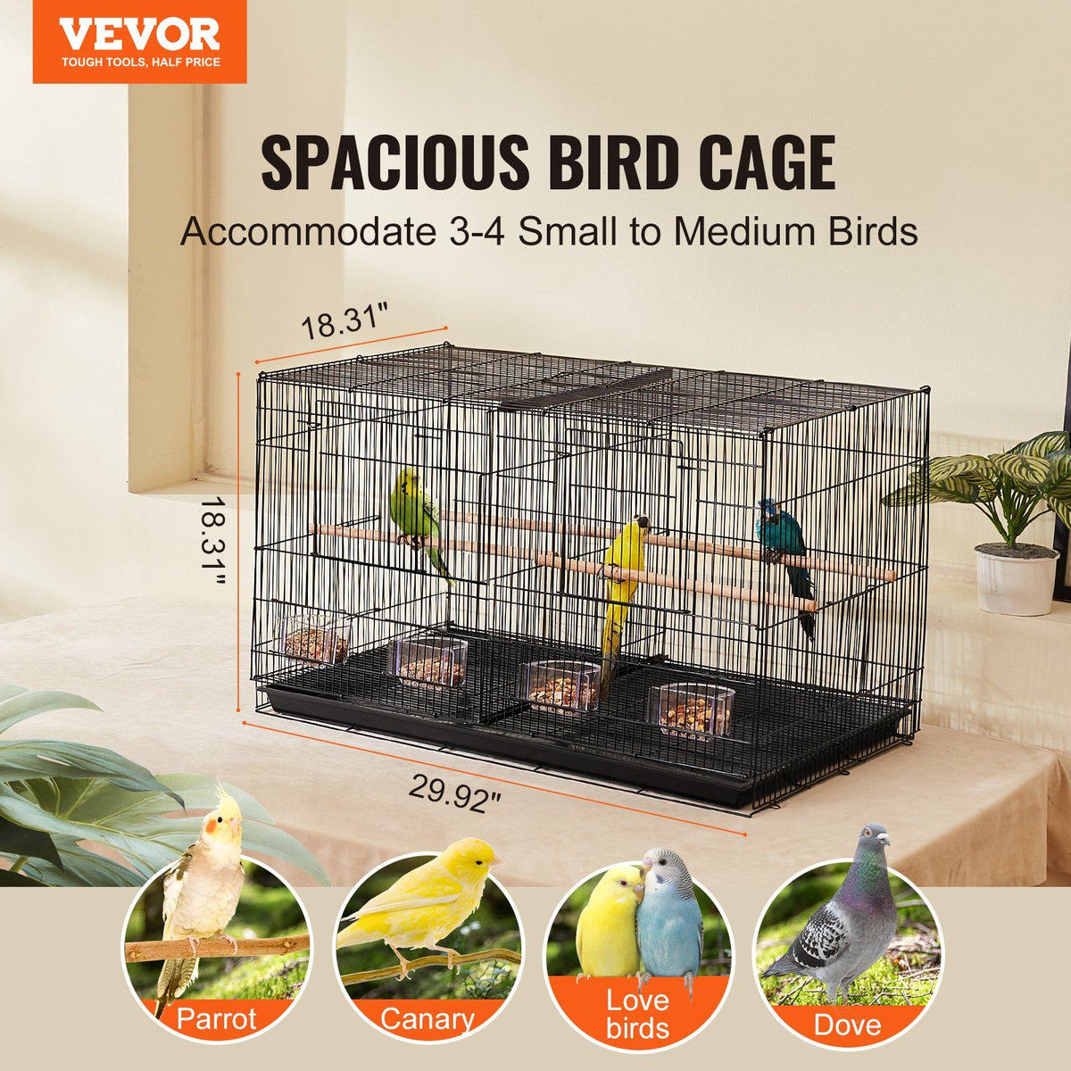Bird Cage, 18 in, Small Parakeet Cage with Divider, Sturdy Metal Bird Flight Cage, Travel Birdcage with 5 Perches & 4 Feeding Cups, Parrot Cage for Canaries Lovebirds Cockatiels Budgie, Black