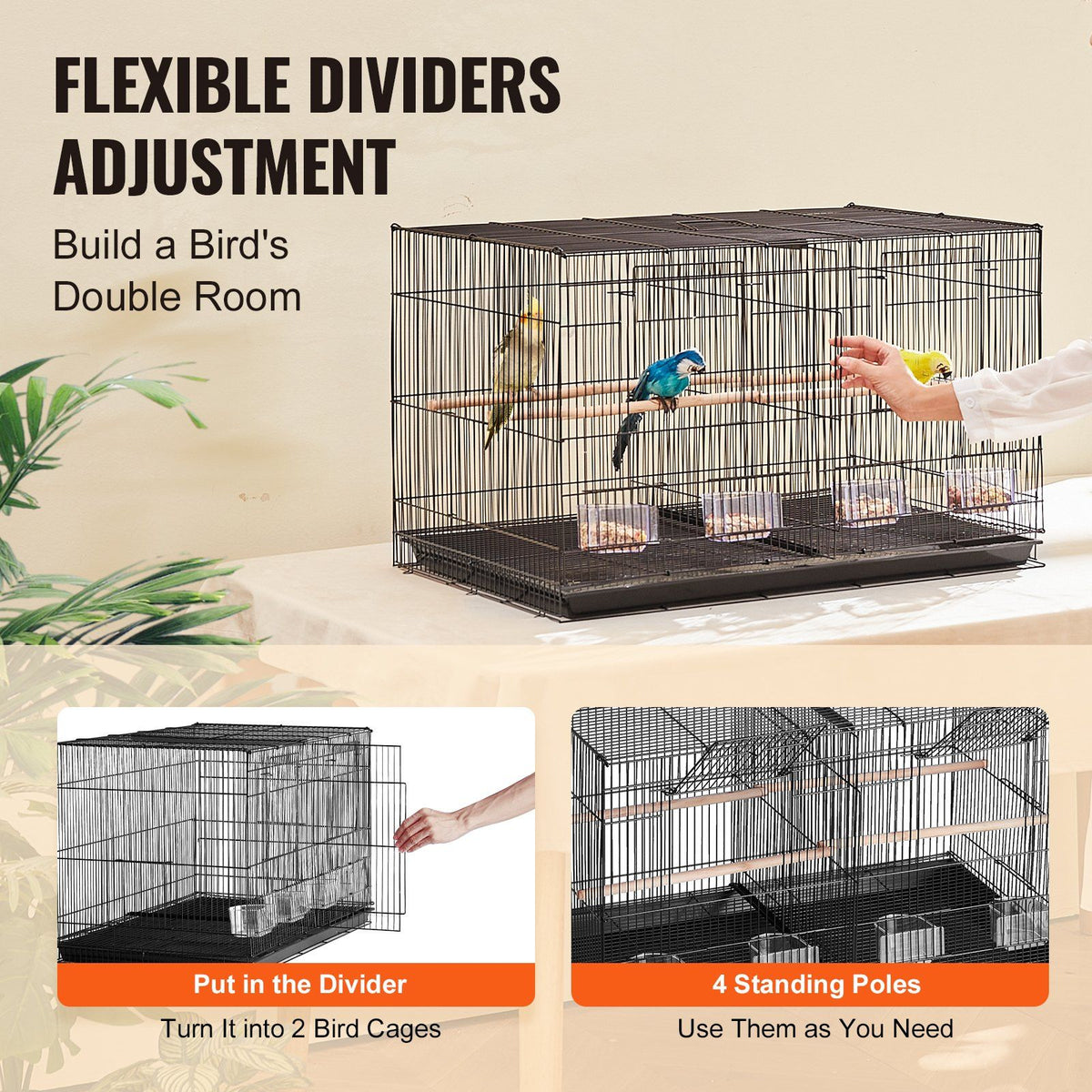 Bird Cage, 18 in, Small Parakeet Cage with Divider, Sturdy Metal Bird Flight Cage, Travel Birdcage with 5 Perches & 4 Feeding Cups, Parrot Cage for Canaries Lovebirds Cockatiels Budgie, Black