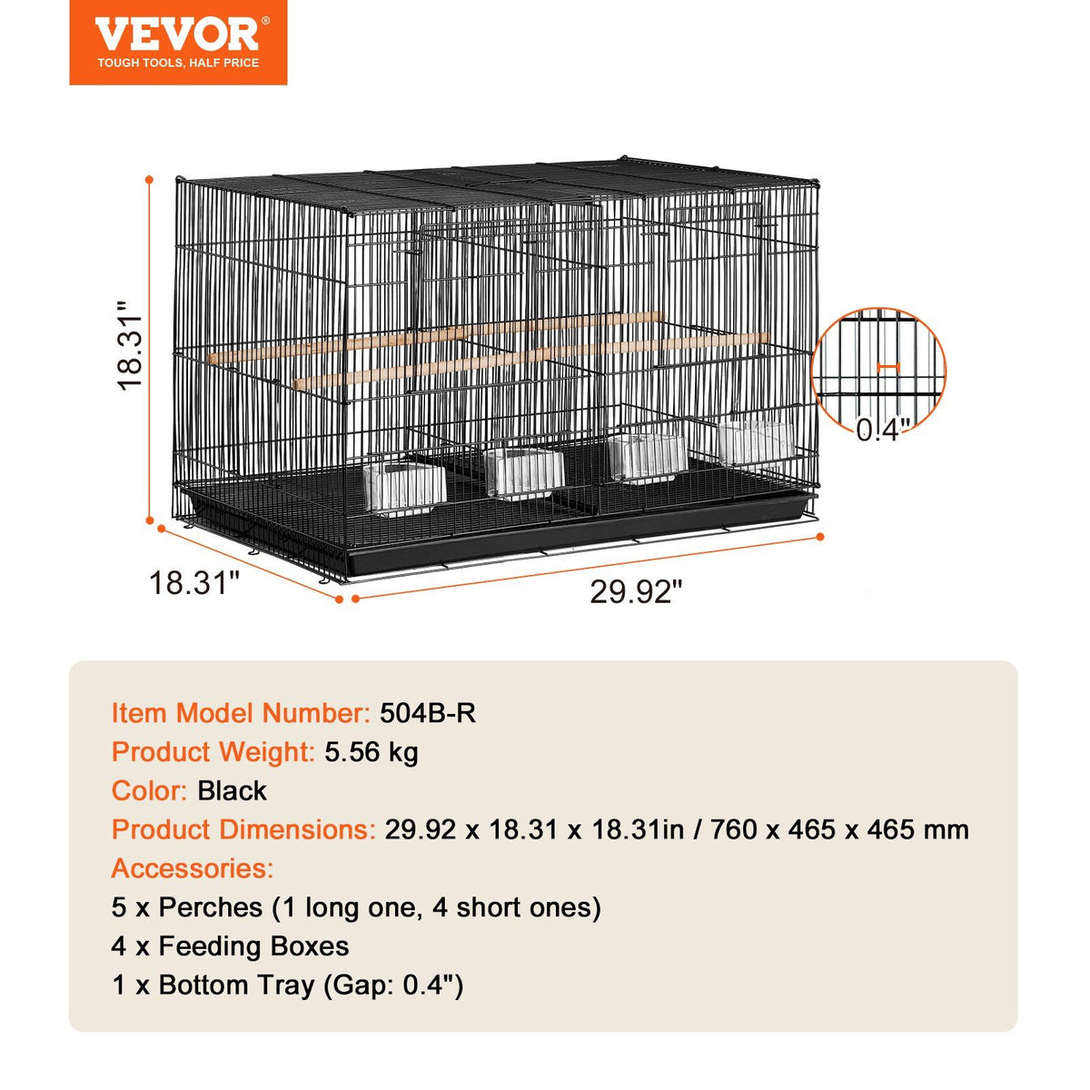 Bird Cage, 18 in, Small Parakeet Cage with Divider, Sturdy Metal Bird Flight Cage, Travel Birdcage with 5 Perches & 4 Feeding Cups, Parrot Cage for Canaries Lovebirds Cockatiels Budgie, Black