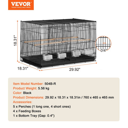 Bird Cage, 18 in, Small Parakeet Cage with Divider, Sturdy Metal Bird Flight Cage, Travel Birdcage with 5 Perches & 4 Feeding Cups, Parrot Cage for Canaries Lovebirds Cockatiels Budgie, Black